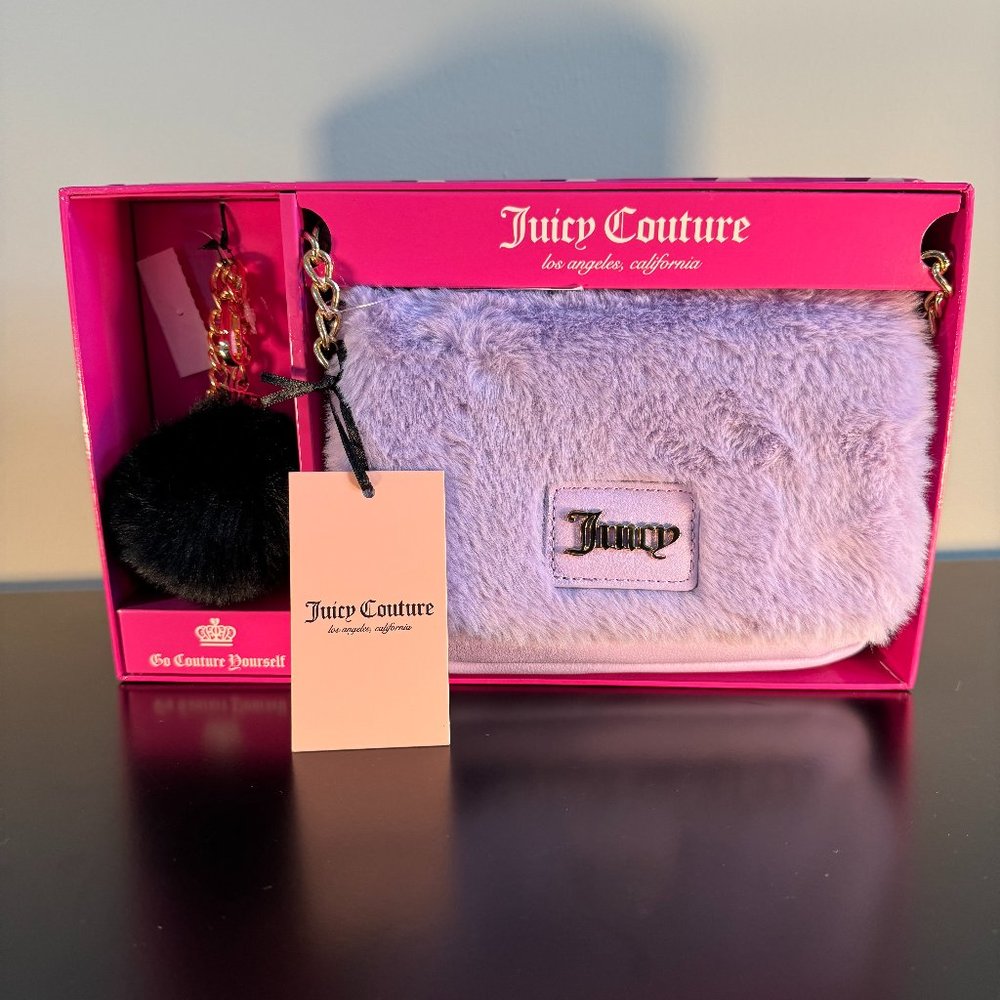 Juicy Couture Lavender Fuzzy Flap Crossbody & Fuzzy Keychain Gift Box Set - NWT